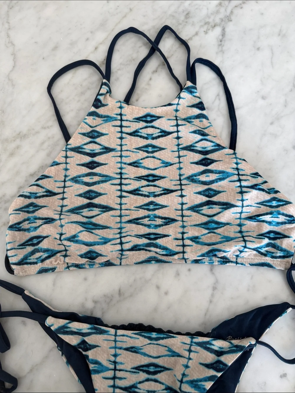 Frankie's Bikinis Navy and Cream Strappy Bikini - Small Top and Medium Bottom
